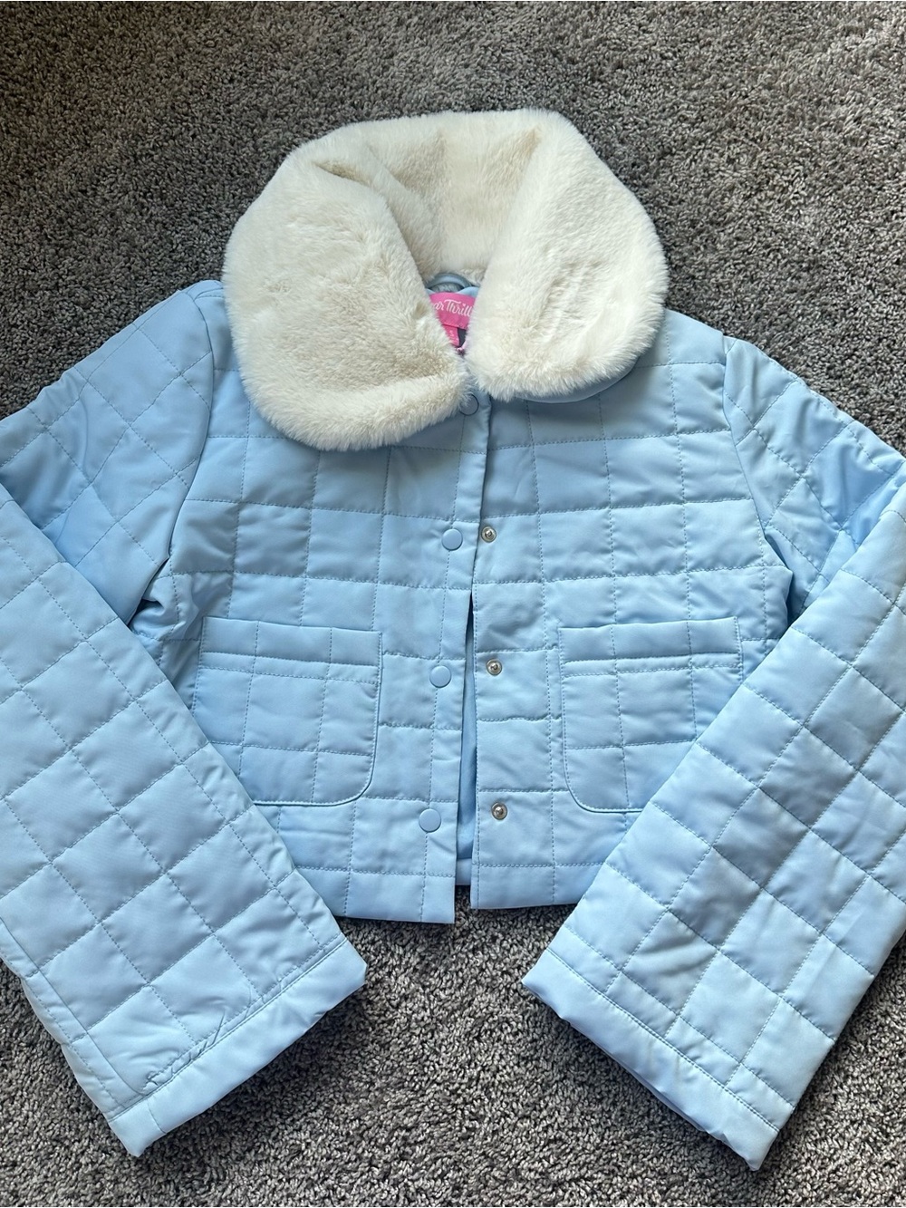 Sugar Thrillz Light Blue Quilted Puffer Jacket with Cream Faux Fur Collar